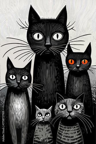 Generative AI Family of Cats with Intense Stare on White Background