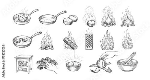 Cooking process sketches featuring fire, pans, and ingredients