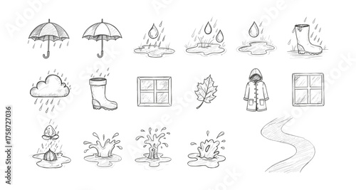 Hand drawn rainy weather elements set with umbrellas, raindrops, and puddles