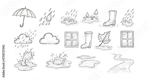 Hand drawn rainy day icons with umbrella, clouds, and puddles