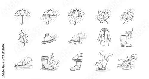 Hand drawn autumn and rain elements with umbrellas, leaves, and boots