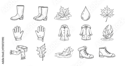 Hand-drawn autumn elements collection: boots, leaves, and rain gear icons