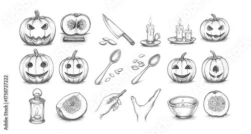 Halloween pumpkin sketches and candlelit scenes for spooky season decor