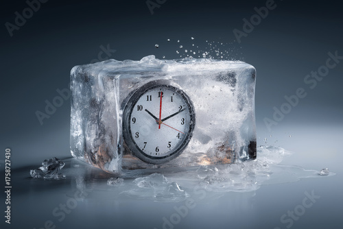 Creative image of a clock frozen inside block of ice, concept of time standing still in winter