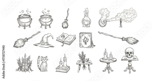 Hand-drawn witchcraft tools and symbols set in black and white