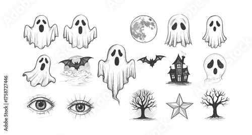 Spooky ghosts and elements collection with haunted house and moon