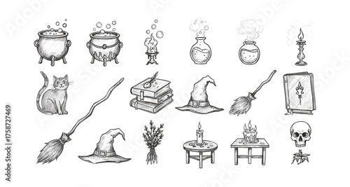 Hand-drawn witchcraft objects collection: cauldrons, broomsticks, spellbook, and potions