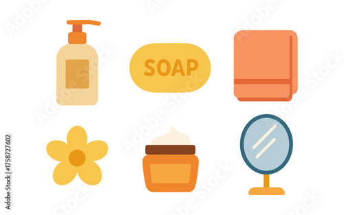 Minimalist bathroom essentials: soap, towel, mirror and more in flat design