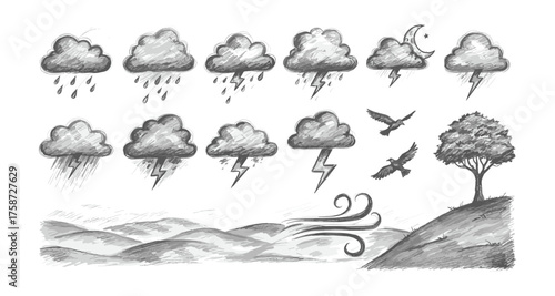Hand-drawn weather icons with storm clouds and windy landscape