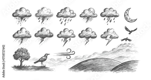 Hand-drawn weather icons with clouds, rain, and wind in sketch style