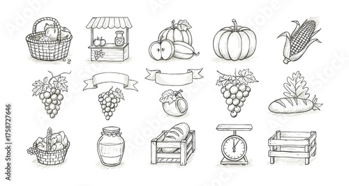 Hand drawn farmers market icons featuring fresh produce and rustic elements