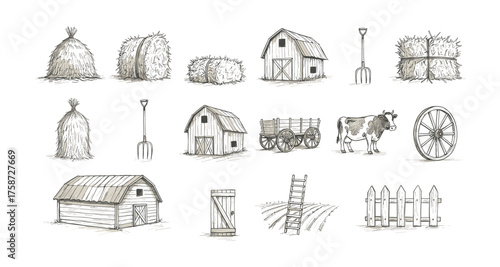 Rustic farm elements collection with haystacks, barns, and vintage tools in sketch style