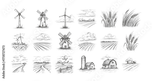 Hand drawn agricultural landscape collection with windmills and farm scenes