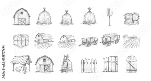 Rustic farm sketches: barns, haystacks, and tools in vintage style