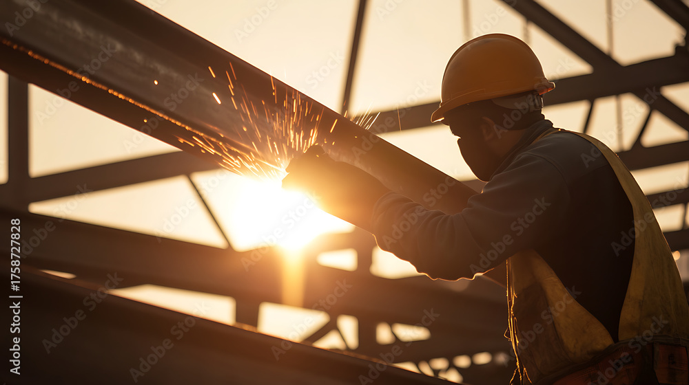 Fototapeta premium A welder works high up on a steel frame, sparks flying. Safety gear on, helmet, and gloves. Steel structure against a golden, sunset sky, focus and precision, skilled craft.