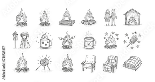 Hand-drawn campfire elements with cozy outdoor icons
