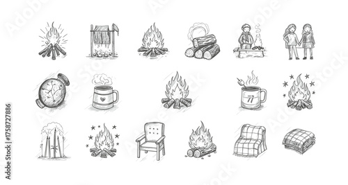 Cozy camping vibes: hand drawn sketches of bonfires, drinks, and relaxation