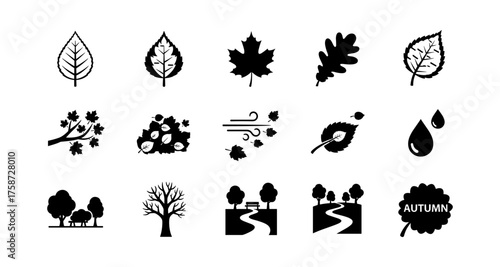 Autumn silhouette icons featuring leaves, trees, and seasonal elements