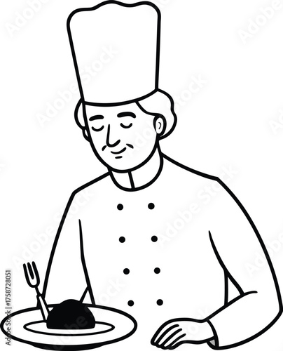 Skilled chef wearing a tall toque blanche silhouette isolated on white background