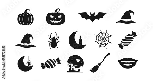 Halloween icon set: pumpkins, spiders, bats, witches, and candies