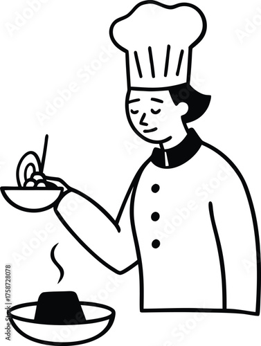 Skilled chef silhouette wearing a tall toque blanche isolated on white background