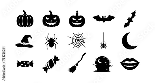 Halloween silhouette icons: pumpkins, bats, spiders, and more