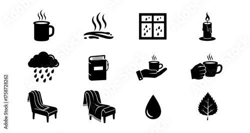 Cozy autumn symbols collection: tea, rain, candle, and comfort elements in black silhouette style