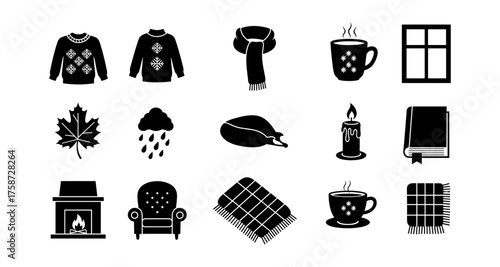 Cozy winter icons featuring sweaters, hot drinks, candles, and blankets