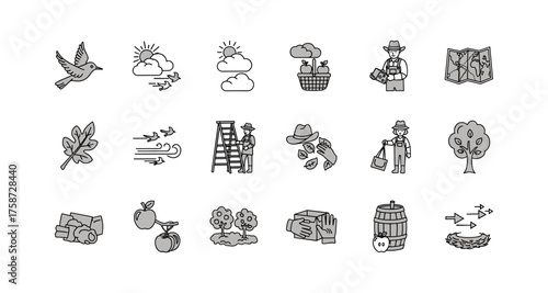 Organic farming icon set: baskets, trees, and farmers in linear style