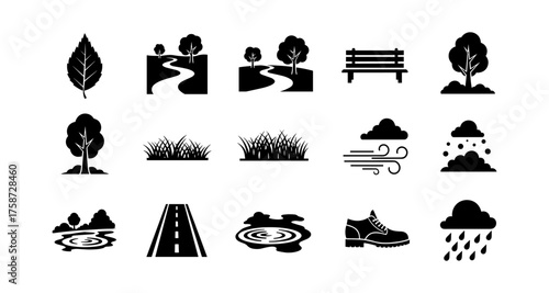 Nature and urban elements: minimalist black icons collection
