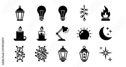 Silhouette icons of lighting elements and celestial symbols in minimalist style