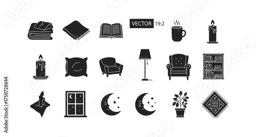 Cozy home elements in black silhouettes featuring candles, furniture, books, and nighttime scenes
