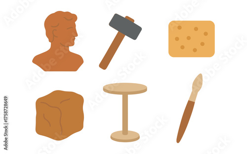 Art tools and materials: sculpture, brushes, clay, and more