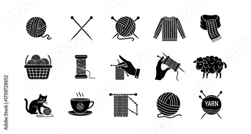 Knitting and crochet icons set featuring yarn balls and cozy sweaters