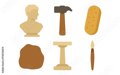 Minimalist art and sculpture tools with bust plaster and hammer