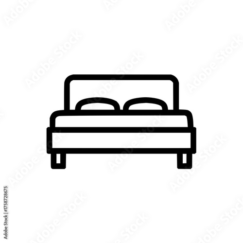 Illustration of a double bed with two pillows and a headboard in a simple black outline design style