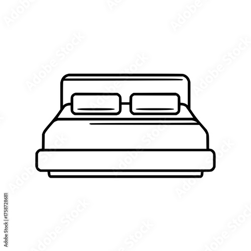 A simple line drawing of a bed with two pillows and a headboard in a minimalist style design art