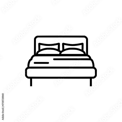 A simple line drawing of a bed with two pillows on it and a headboard in a minimalist style design