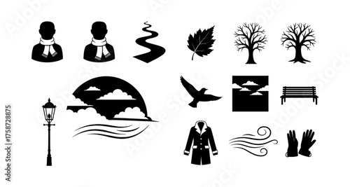 Seasonal silhouettes: autumn trees, clothing, and nature elements in black and white