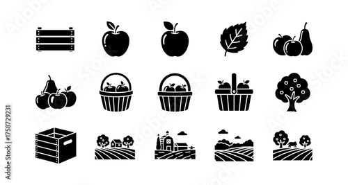 Minimalist farm and orchard icon set featuring fruits, baskets, and landscapes