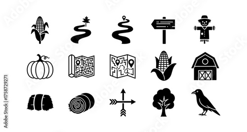 Farm and nature icons set: corn, maps, and scarecrow in black silhouette style