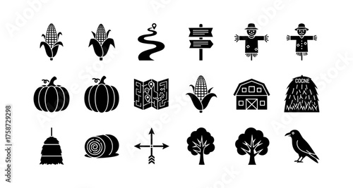 Farm and agriculture icons: black silhouette set featuring corn, scarecrow, and more