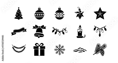 Silhouette christmas icons set: festive decorations and symbols collection