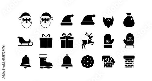 Black and white christmas icon set featuring santa, reindeer, gifts, and winter symbols