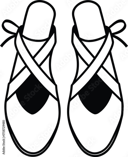 Detailed line art illustration of a pair of ballet shoes silhouette isolated on white background