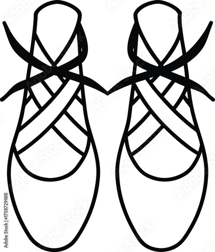 Detailed line art illustration of a pair of ballet shoes silhouette isolated on white background