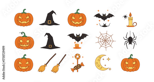 Halloween icons collection with pumpkins, witches hats, bats, and spiders