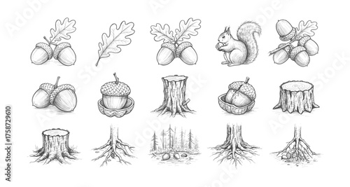 Hand drawn forest elements: acorns, oak leaves, squirrels, and tree stumps