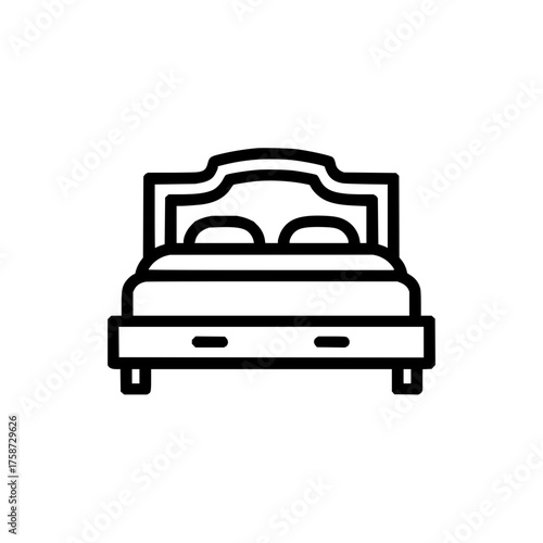 Illustration of a double bed with pillows and a headboard in a simple line drawing style design