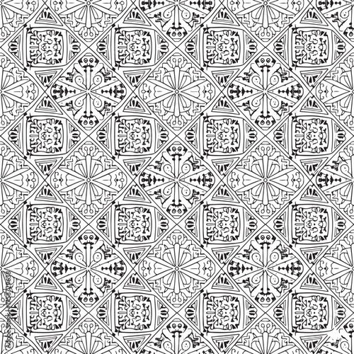 Intricate Geometric Mandala Pattern: Seamless Black and White Coloring Page Tile